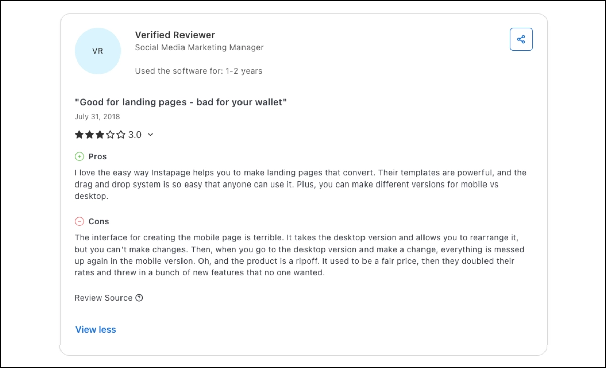Avis Instapage - cher, problèmes avec l'éditeur mobile