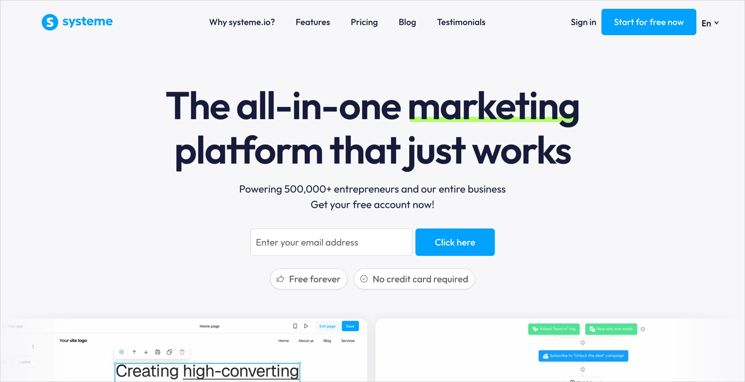 Page d'accueil de Systeme.io