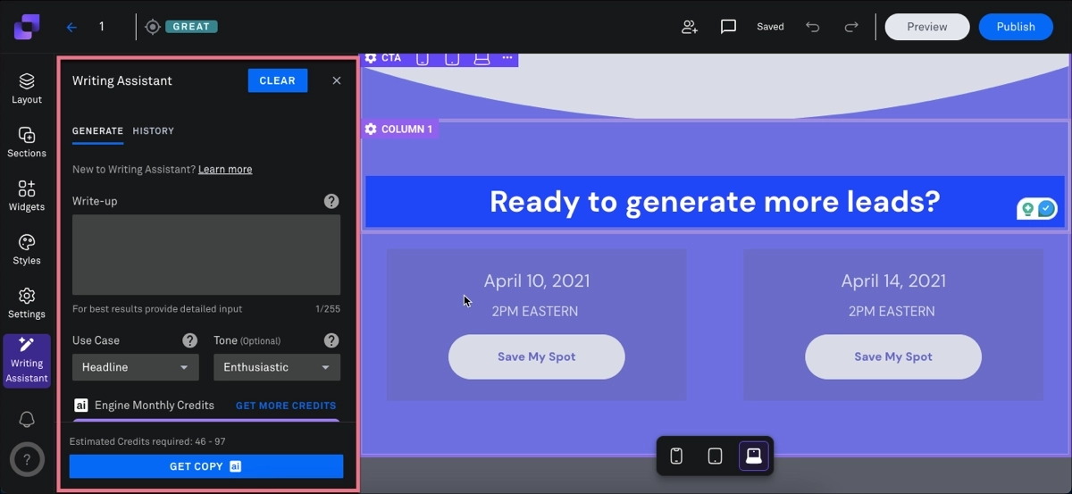 Leadpages - landing page editor com AI Writing Assistant