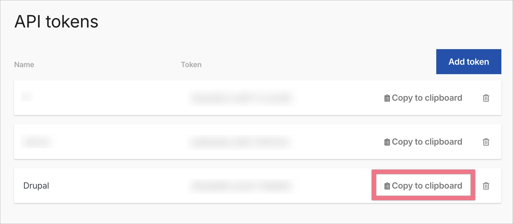 Copy API token for Drupal integration