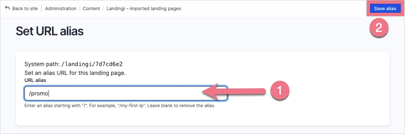 Set new alias for Drupal landing page