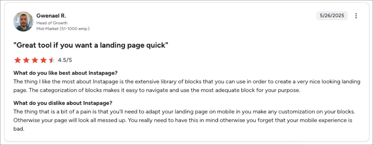 An&aacute;lise do Instapage - biblioteca de blocos grandes