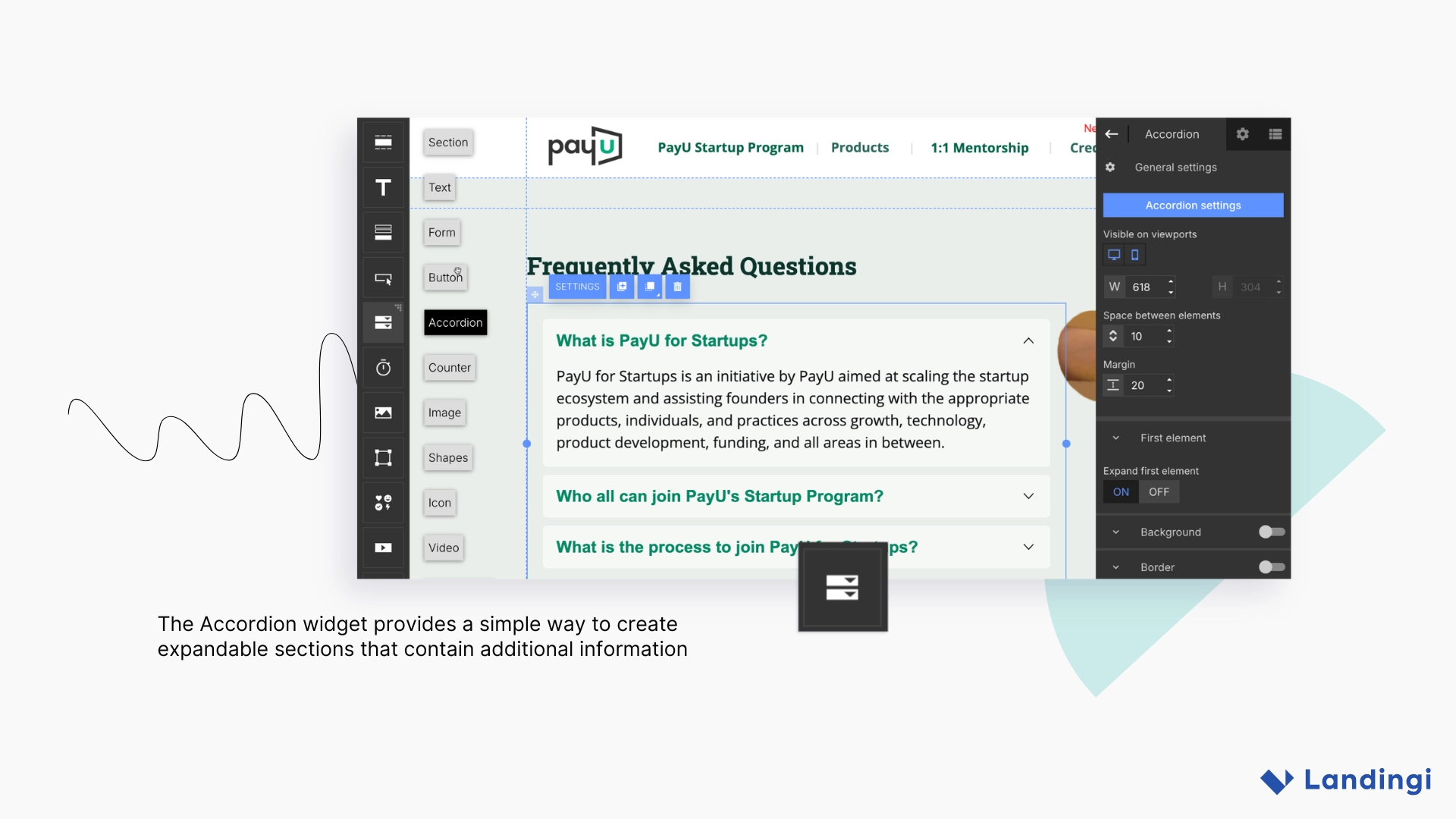 Pannello di impostazioni del widget a fisarmonica e sezione FAQ all'interno dell'editor, che mostra come PayU India utilizzi blocchi di contenuto espandibili per organizzare informazioni aggiuntive.