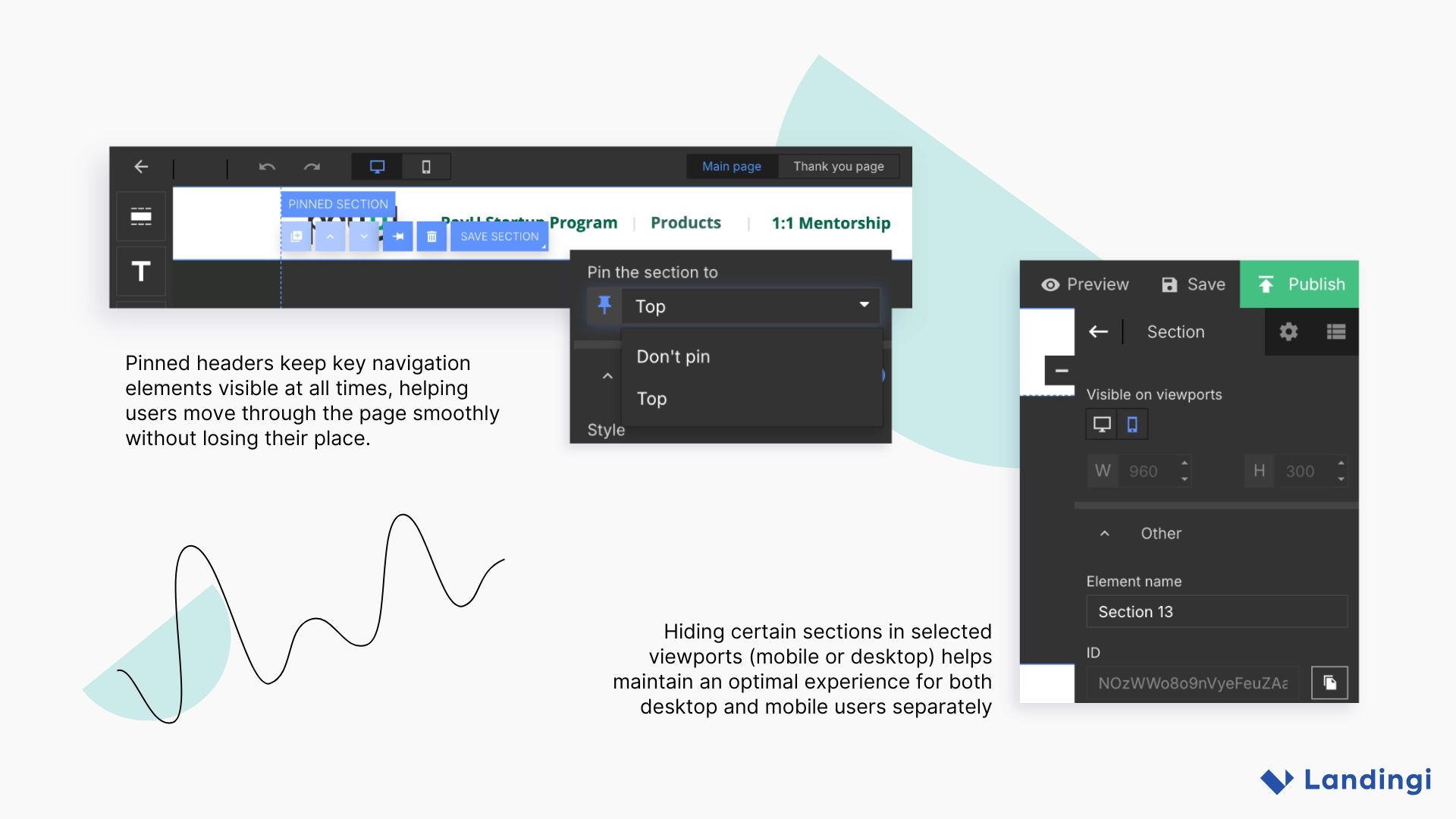 Interfaccia dell'editor che mostra un'intestazione di navigazione appuntata e le impostazioni di visibilità del viewport, dimostrando come PayU India mantenga la navigazione fissa e regoli le sezioni per gli utenti desktop e mobile.