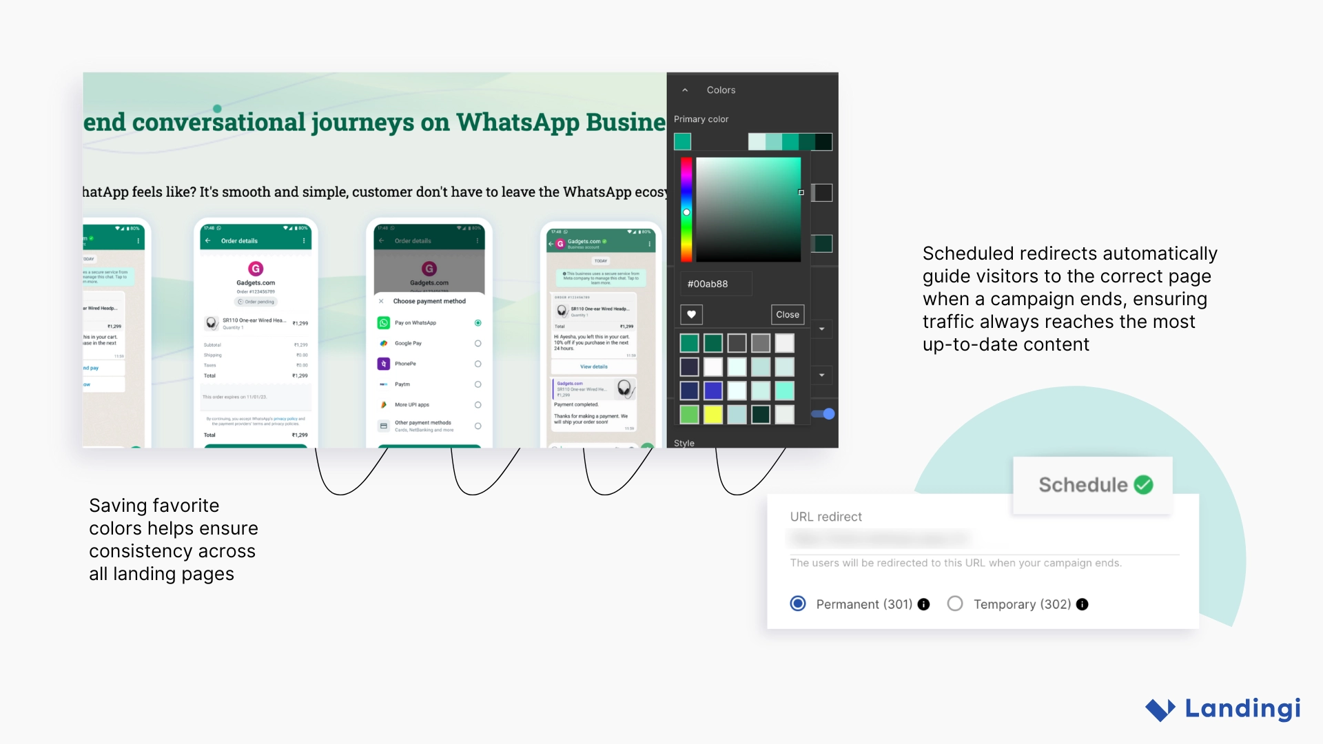 Vista dell'editor che mostra le palette di colori salvate insieme alla funzione di programmazione del reindirizzamento, illustrando come PayU India mantenga la coerenza visiva e reindirizzi automaticamente gli utenti al termine di una campagna.