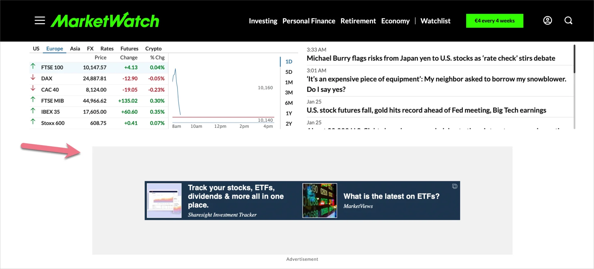 Publicit&eacute; num&eacute;rique li&eacute;e &agrave; la finance affich&eacute;e &agrave; c&ocirc;t&eacute; de l'actualit&eacute; du march&eacute;.