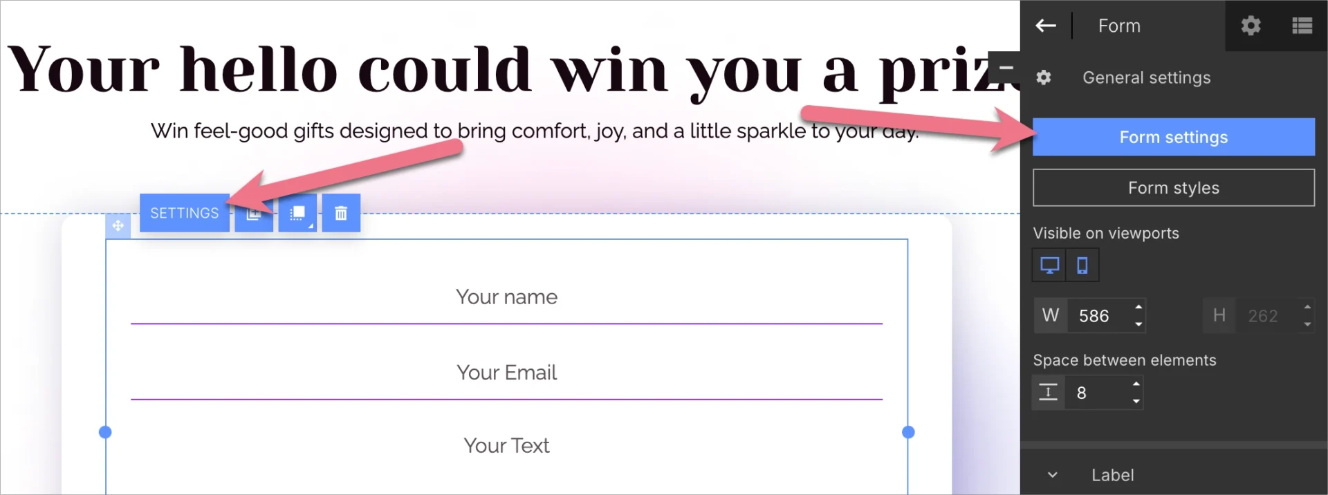 Form settings in Landingi editor