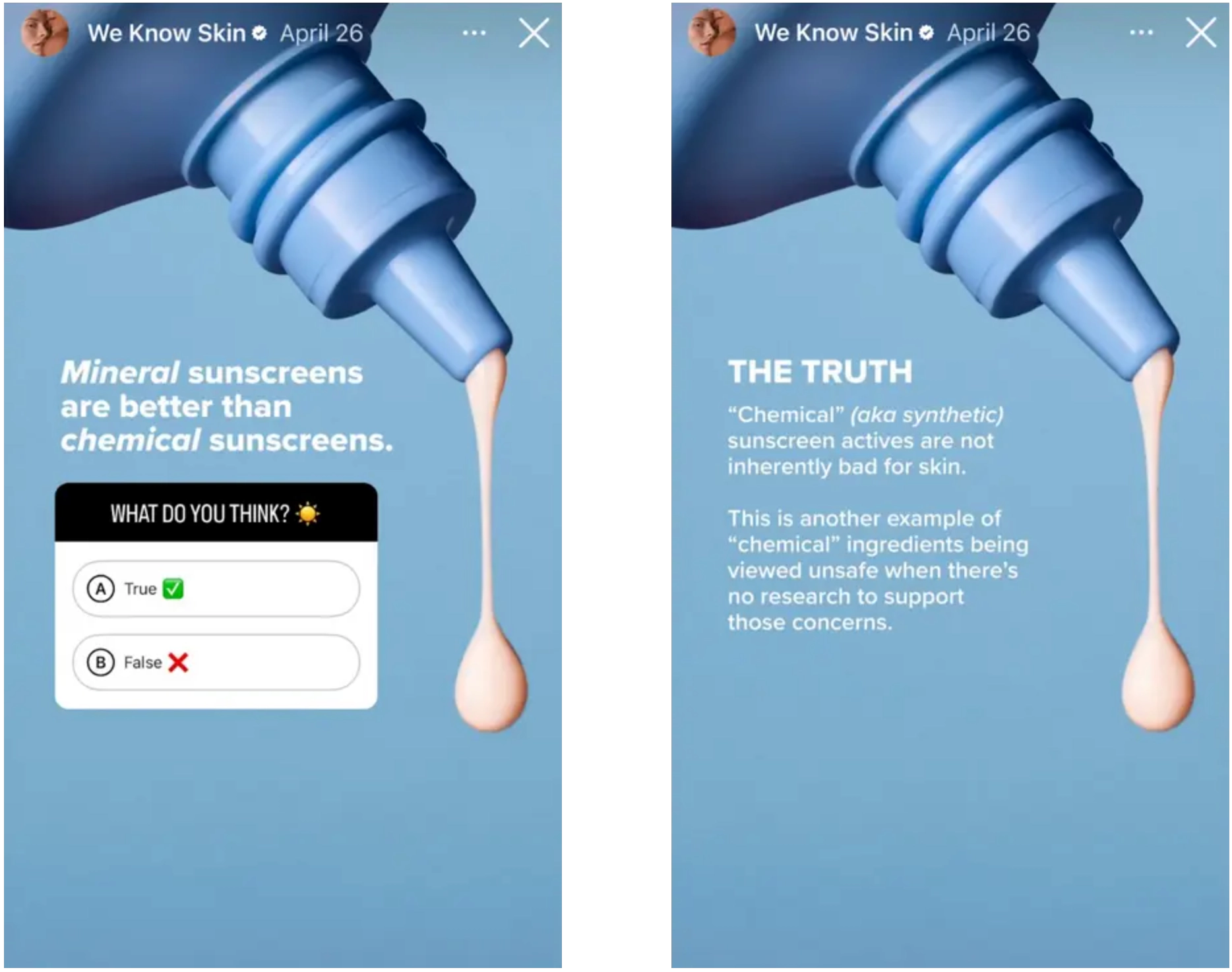 To Instagram Story-sk&aelig;rme, der viser en afstemning og et undervisningsbillede, illustrerer, hvordan interaktive historier kan vises &oslash;verst i dit Instagram-feed og fremme publikums engagement.