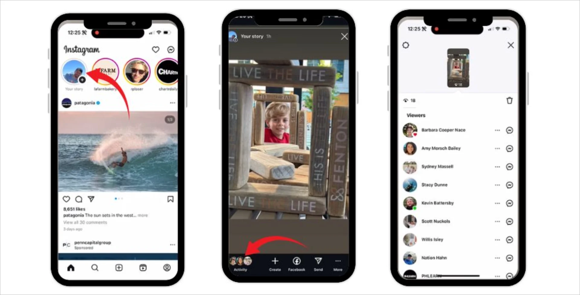 Screenshot-sekvens, der viser, hvordan Instagram sorterer Story-seere, fra &aring;bning af Stories til visning af den rangerede liste over personer, der har set en story p&aring; en mobilsk&aelig;rm.