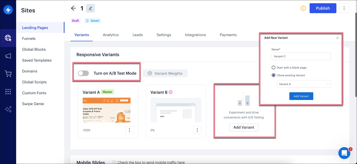 Testes a/b de Swipe Pages
