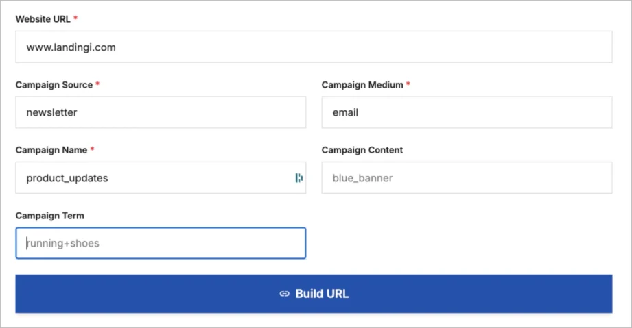 Darmowy formularz UTM Builder z wypełnionym adresem URL witryny i parametrami kampanii