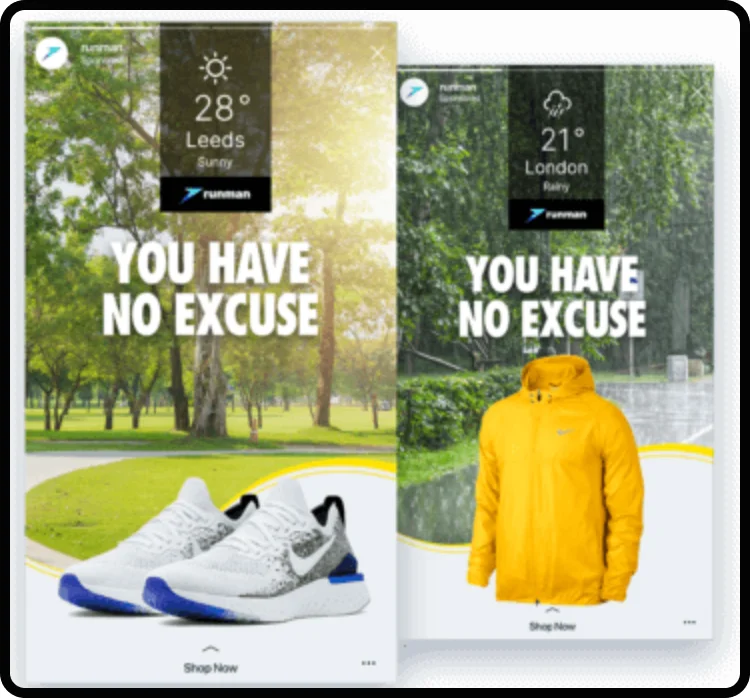 Nike-l&oslash;besko og -jakke vises i dynamisk vejrbaseret mobilreklame
