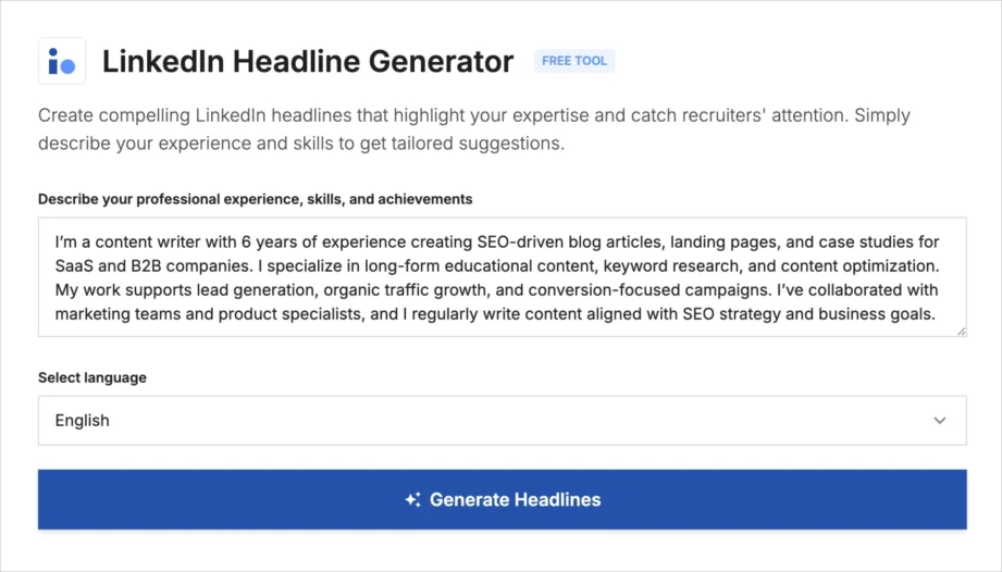 Darmowy interfejs generatora nagł&oacute;wk&oacute;w LinkedIn z polem wprowadzania doświadczenia i przyciskiem Generuj nagł&oacute;wki