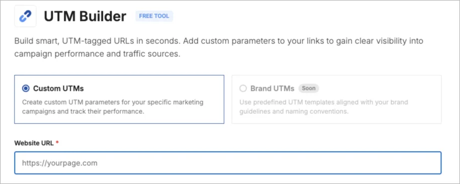 Interfejs generatora UTM z wybraną opcją Custom UTMs