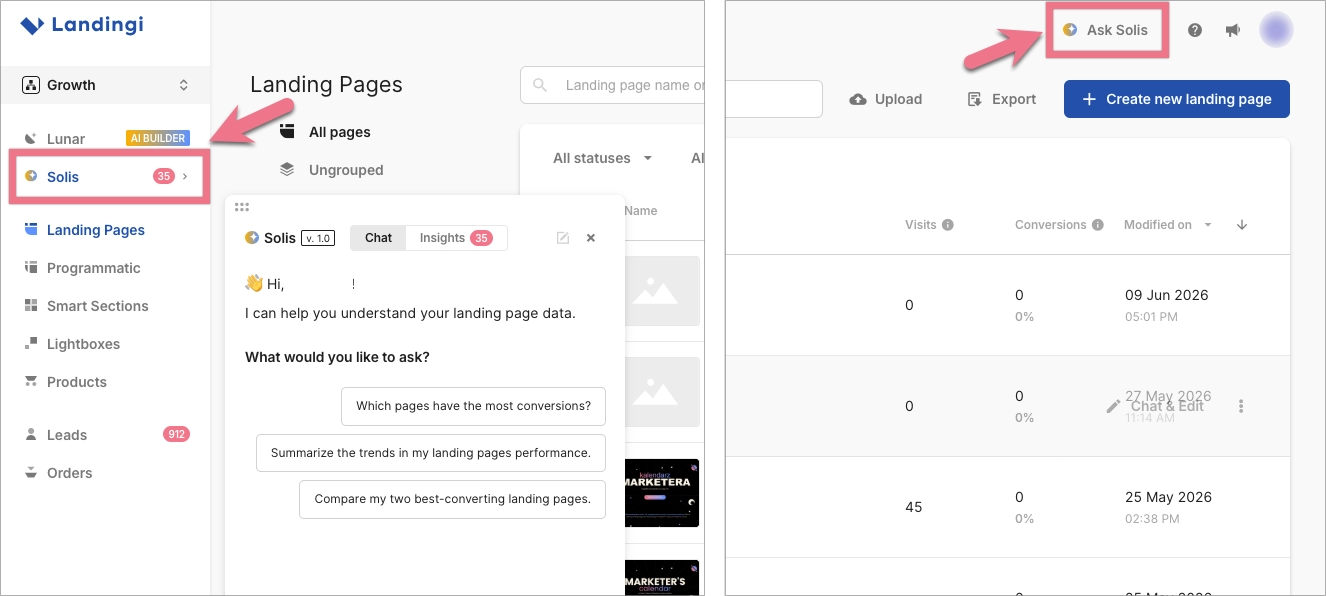 Solis access points in the sidebar and top bar.