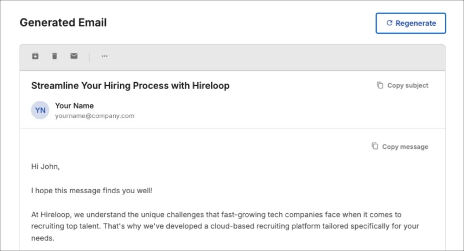 Podgląd e-maili sprzedażowych generowanych przez AI w Landingi Darmowy generator e-maili sprzedażowych AI