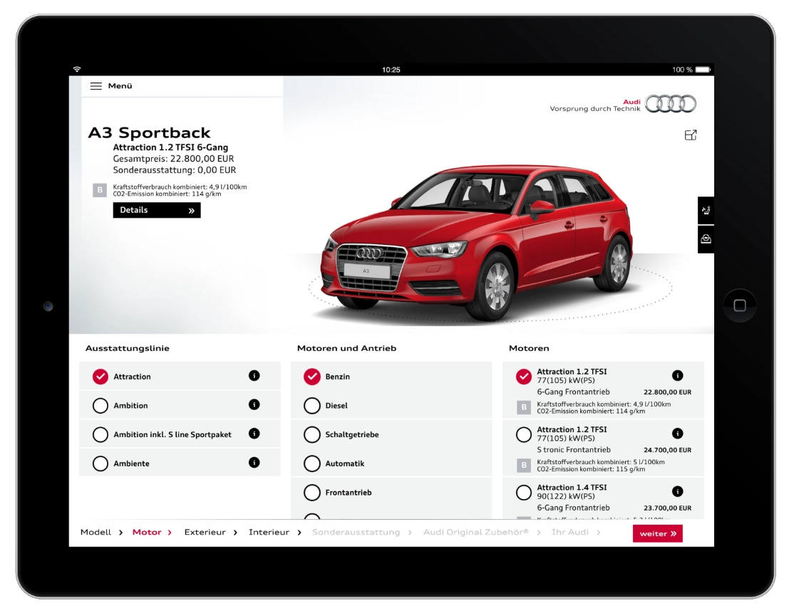 Audi A3 Sportback bilkonfigurator vist p&aring; en tabletsk&aelig;rm