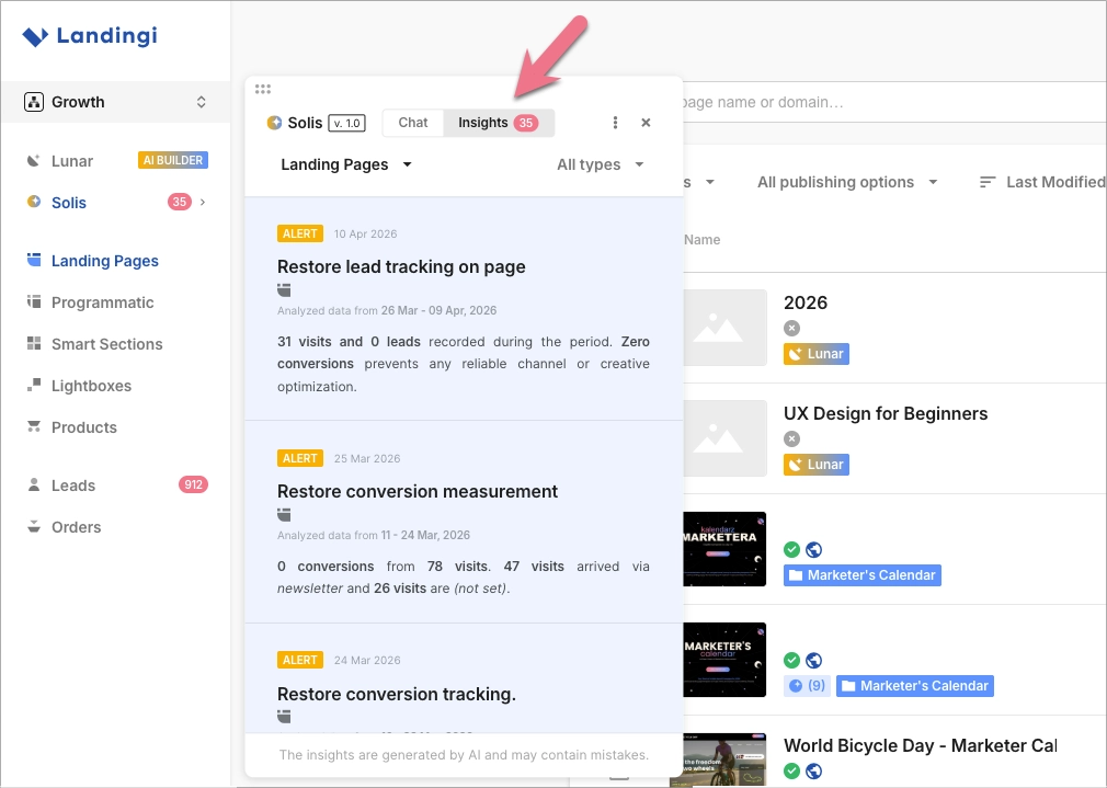 Solis Insights displaying AI-generated alerts for landing pages.