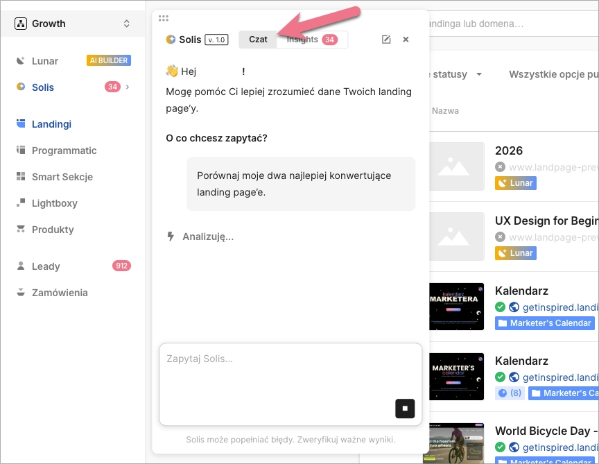 Zakładka Chat podczas analizy pytania o landing page’e.