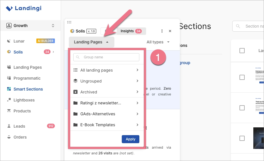 Solis panel for selecting all landing pages or a specific page group.