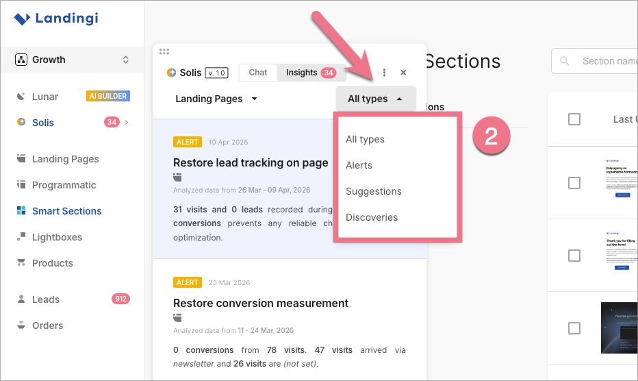 Solis panel with filters for Alerts, Suggestions, and Discoveries.