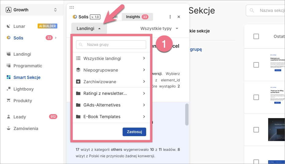 Panel Solis umożliwiający wybór wszystkich landing page'y lub określonej grupy landing page'y.