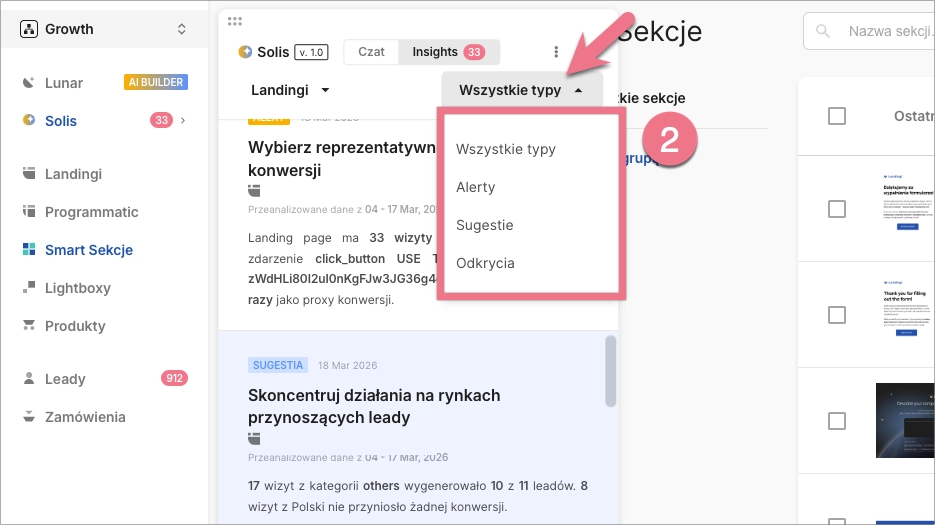 Panel Solis z filtrami dla alertów, sugestii i odkryć.