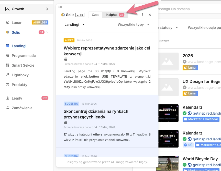Zakładka Insights z sugestiami i alertami Solis.