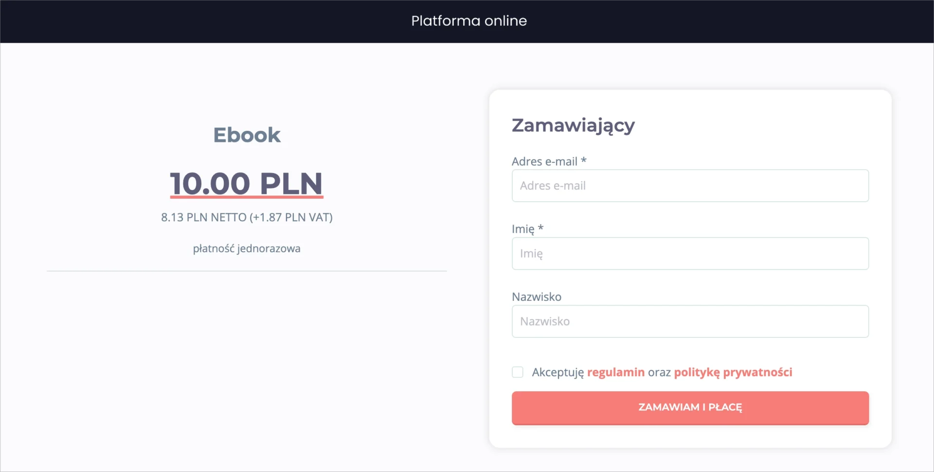 Widok koszyka Publigo z dodanym ebookiem i formularzem zam&oacute;wienia.