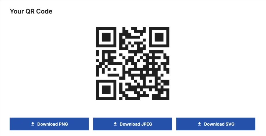 Wygenerowany podgląd kodu QR z opcjami pobierania dla PNG, JPEG i SVG