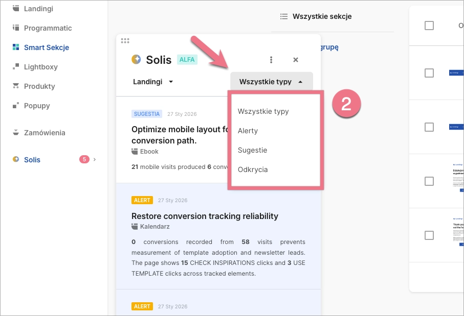 Panel Solis z filtrami dla alert&oacute;w, sugestii i odkryć.