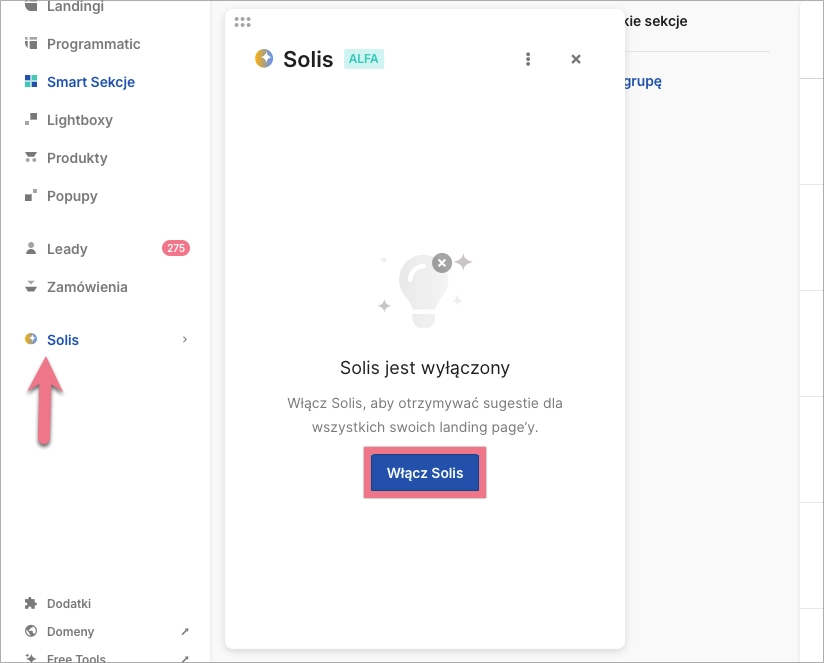 Nieaktywny panel Solis z przyciskiem &bdquo;Włącz Solis&rdquo;.