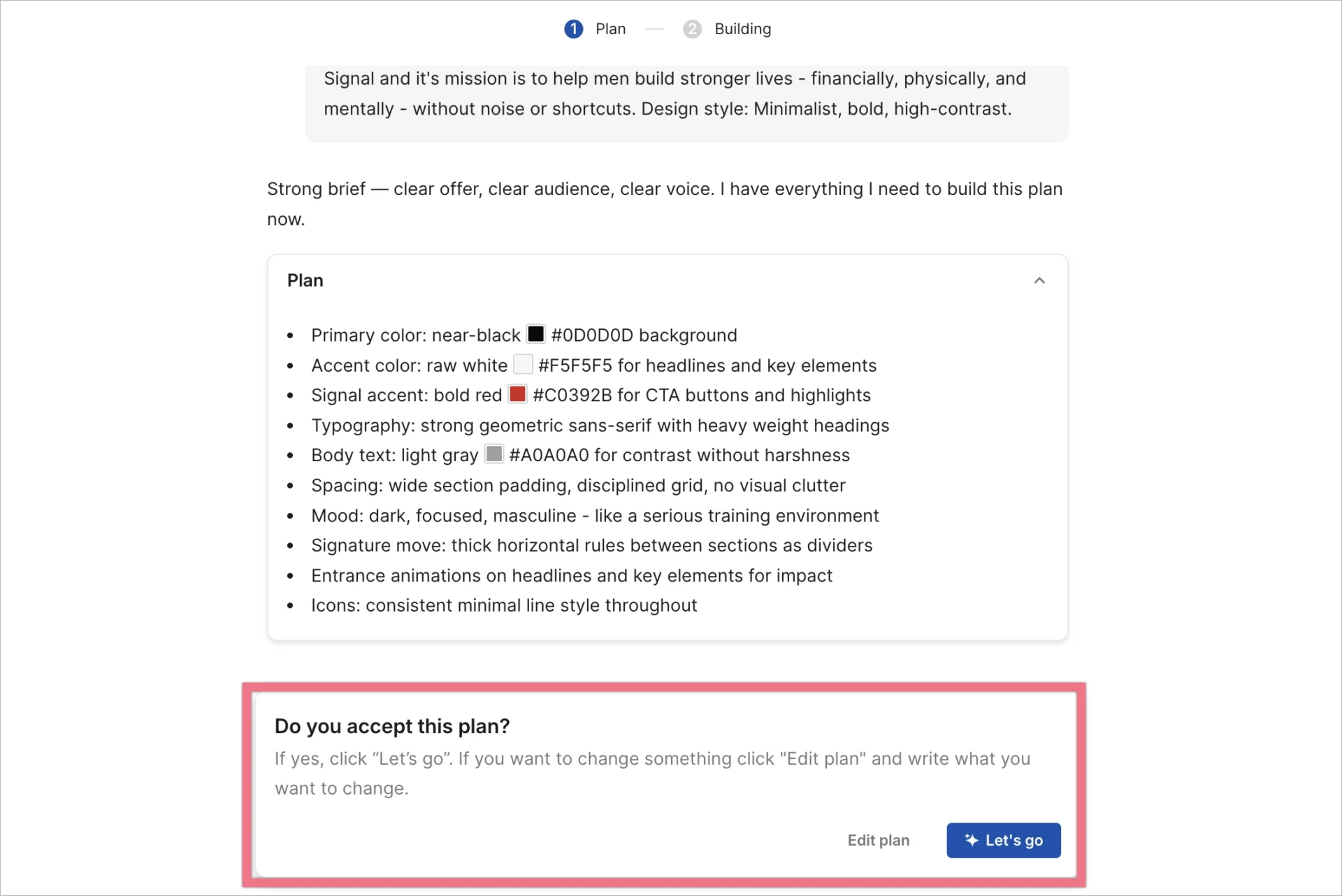 Editing the landing page plan before AI generation.