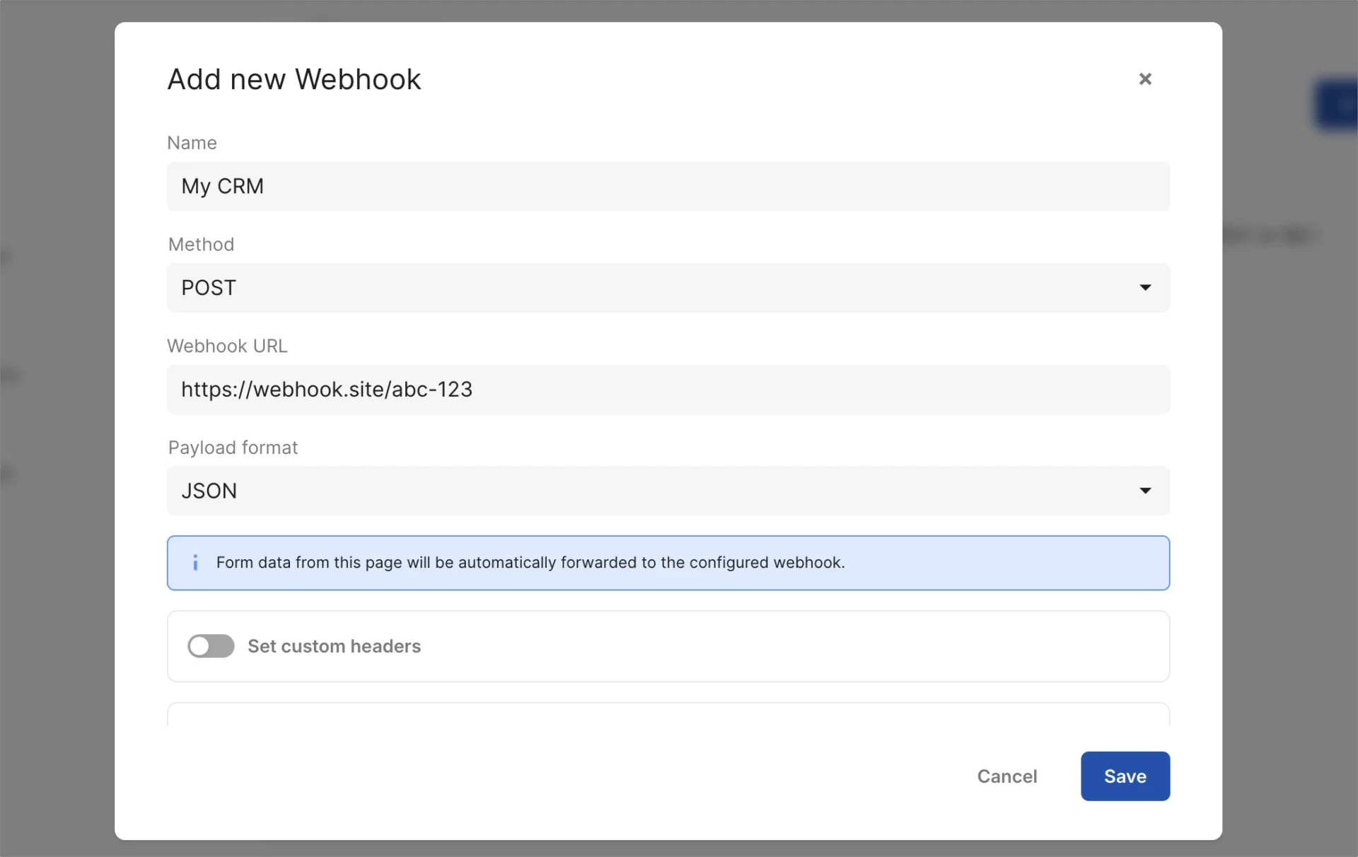 Add new Webhook window with fields for name, method, webhook URL, payload format, and custom headers.