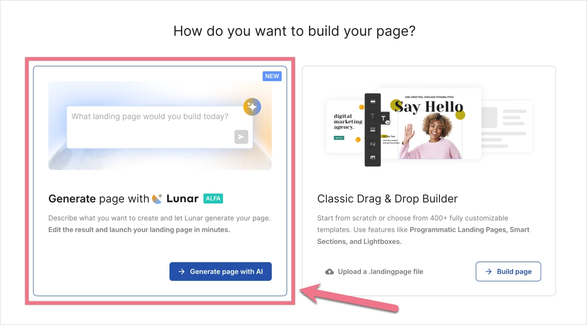 Choosing the Generate page with Lunar AI option in Landingi.