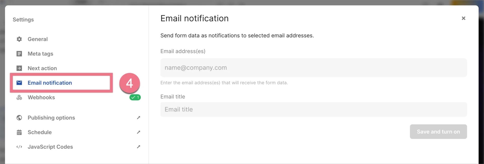 Email notification settings for AI landing page