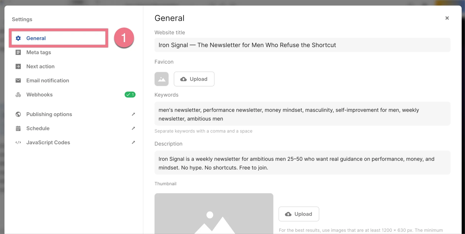General settings for a landing page generated by Lunar, including title, keywords, description, and thumbnail.