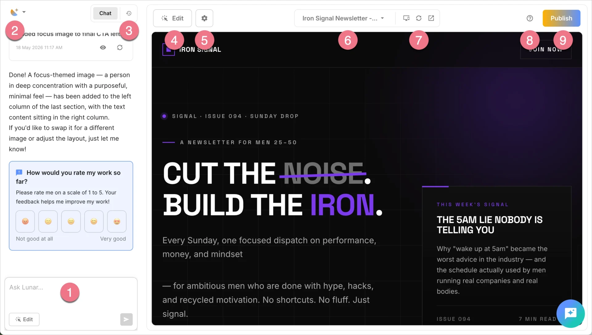 AI-generated page with chat, page options, settings, and publish button
