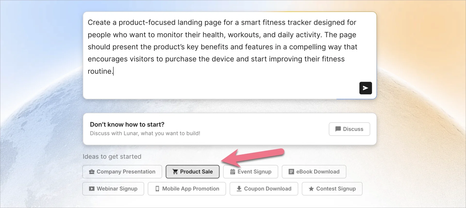 Using suggested Lunar ideas to start a landing page prompt.