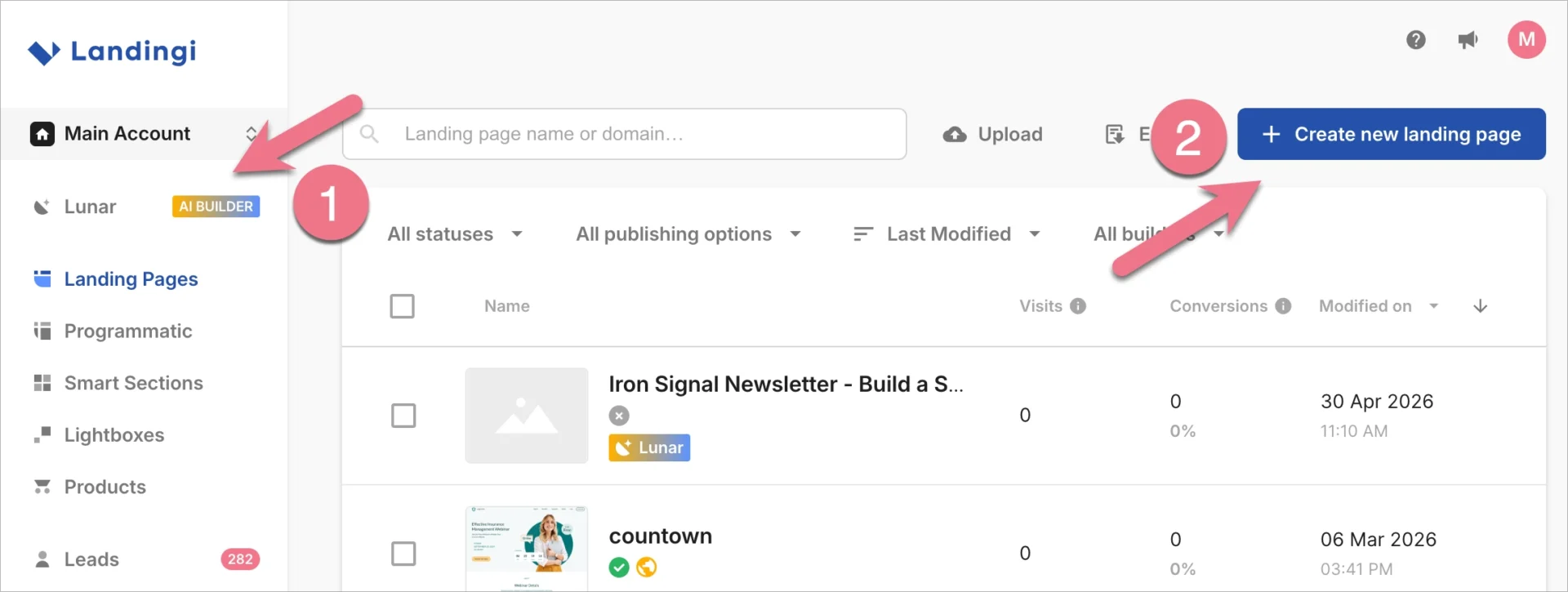 Starting Lunar AI generator from the left-side panel or Create new landing page button.