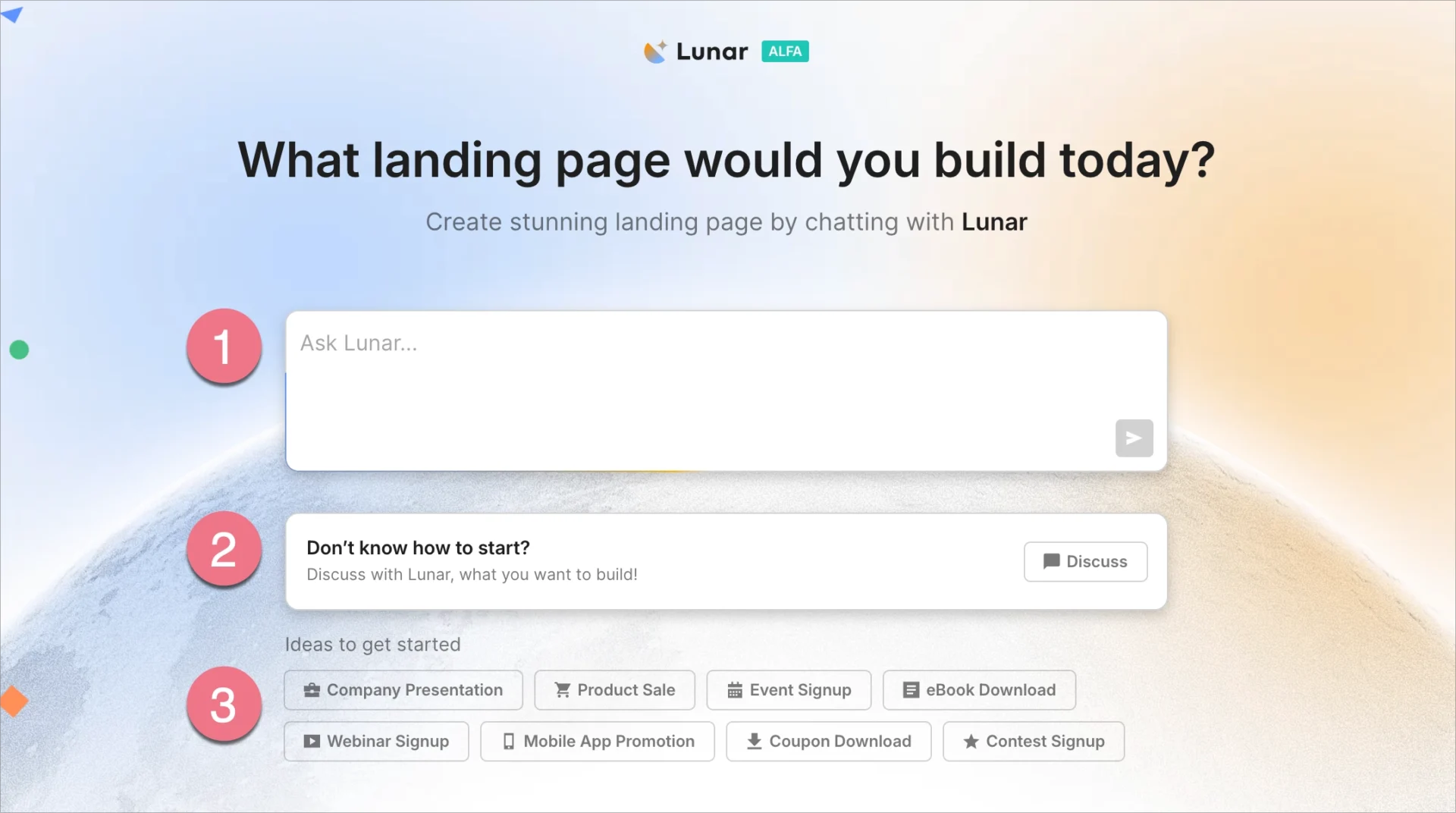 Lunar start screen with prompt field, Discuss option, and suggested ideas.