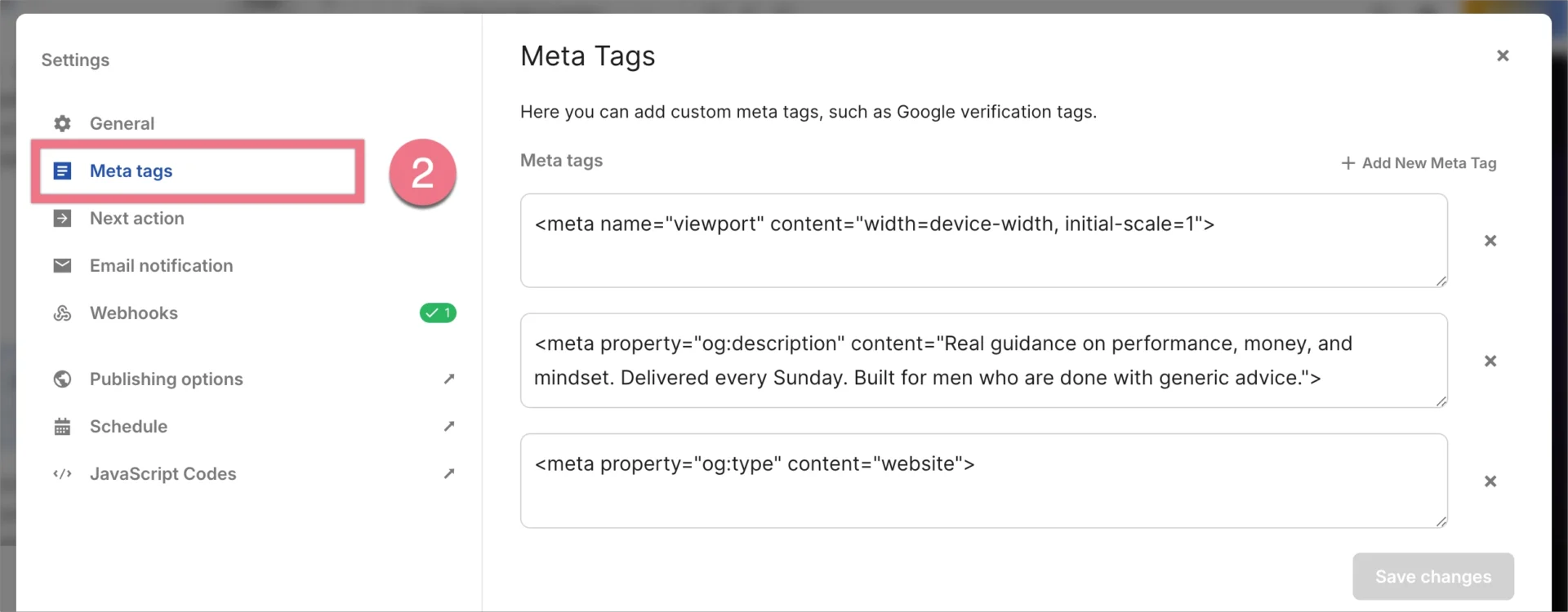 Meta tag settings for a Lunar landing page.