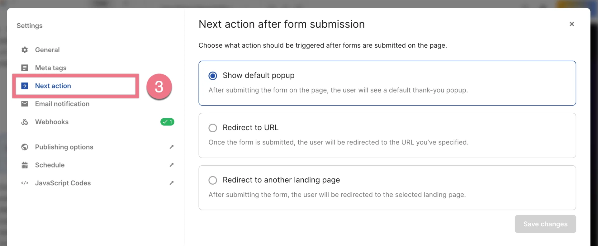 Next action settings for form submission on an AI landing page.