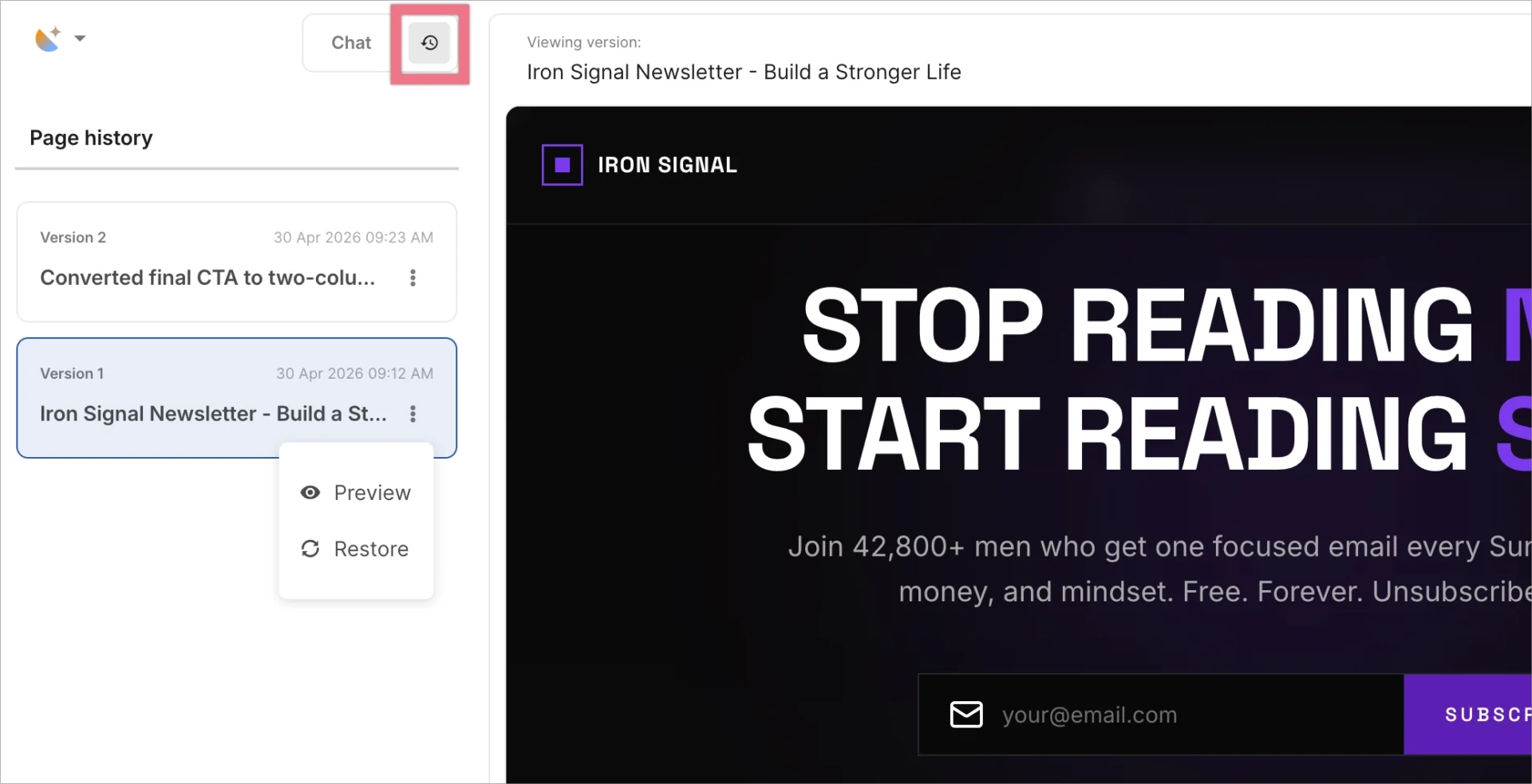 Page history view with options to preview or restore a previous version.