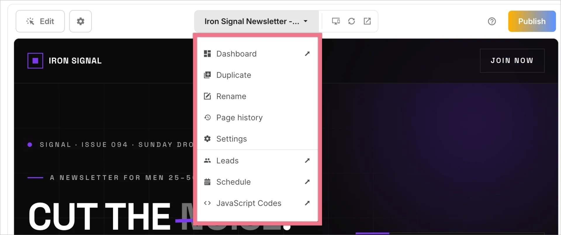 Lunar page options menu with dashboard, duplicate, rename, settings, leads, schedule, and JavaScript codes.