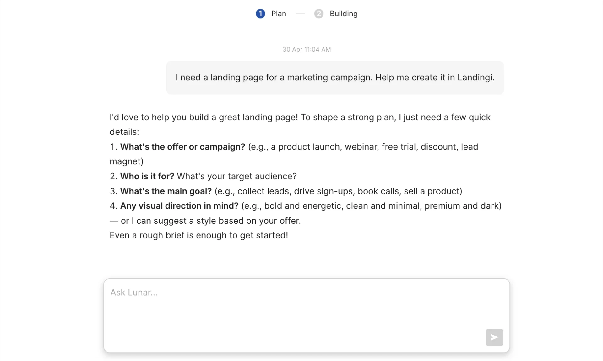 Lunar creating a landing page plan from the campaign brief.