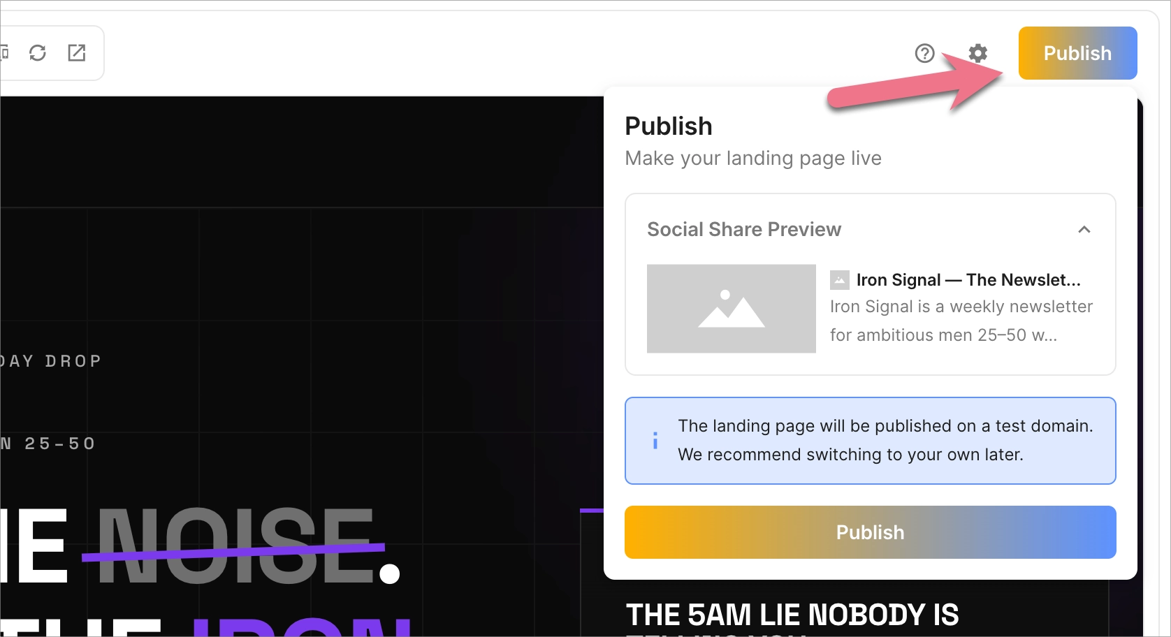Publishing an AI landing page on a test domain.