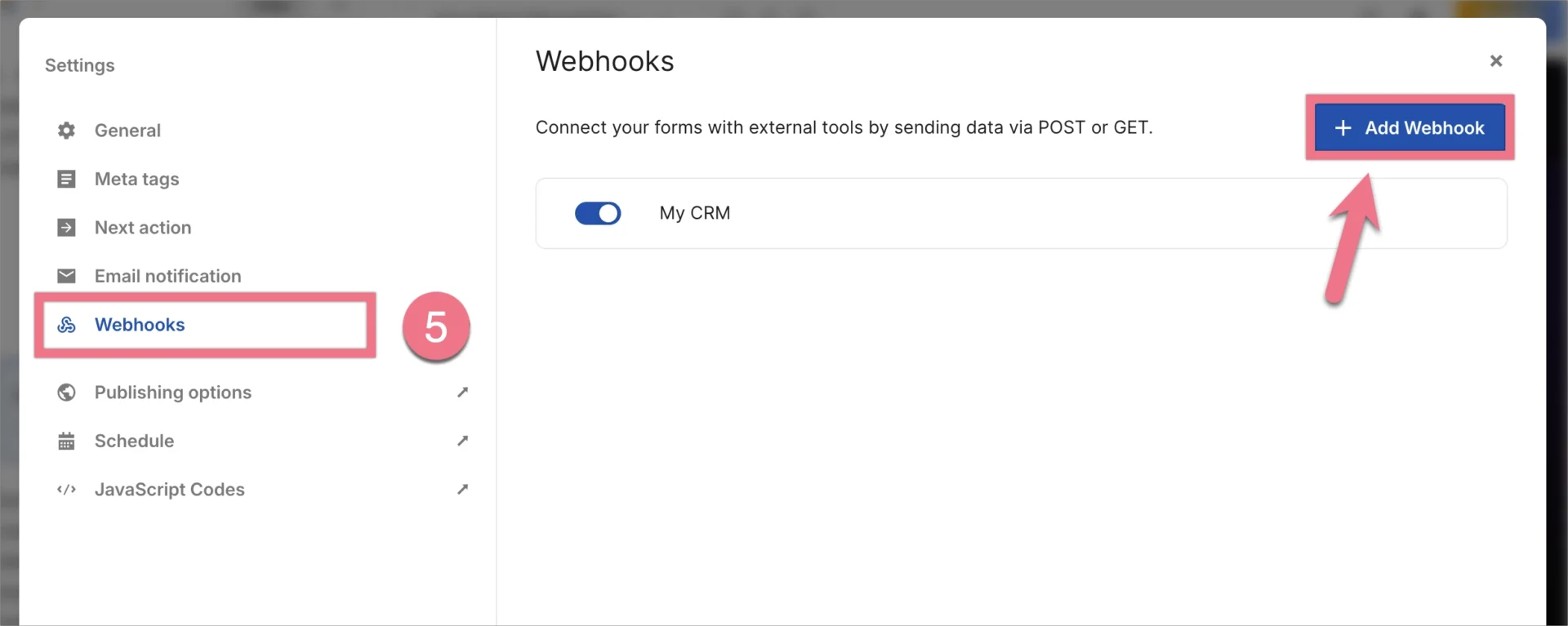 Webhooks tab in AI page settings with an enabled webhook and the Add Webhook button highlighted.