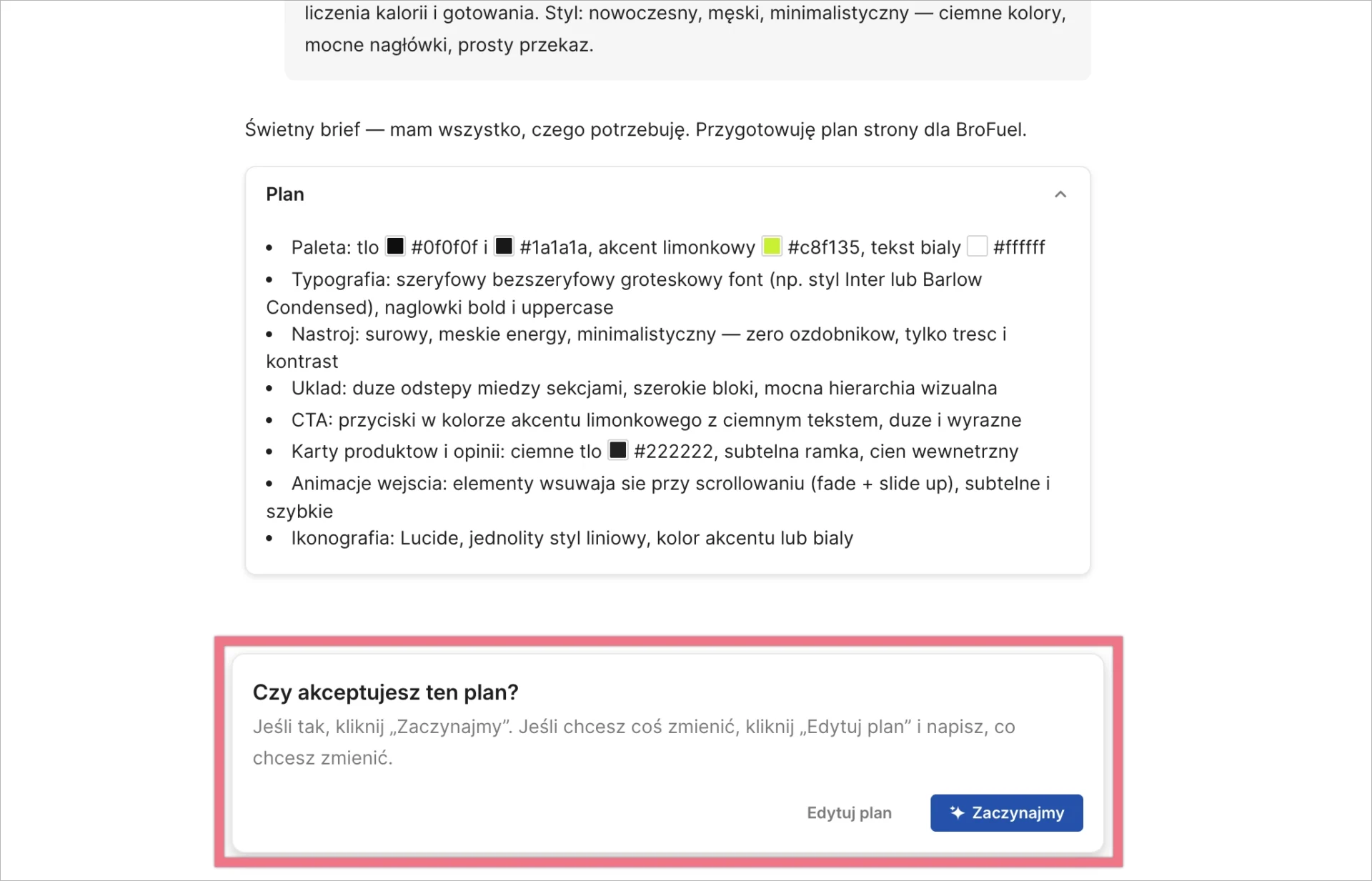Edycja projektu landing page'a przed wygenerowaniem go przez sztuczną inteligencję.