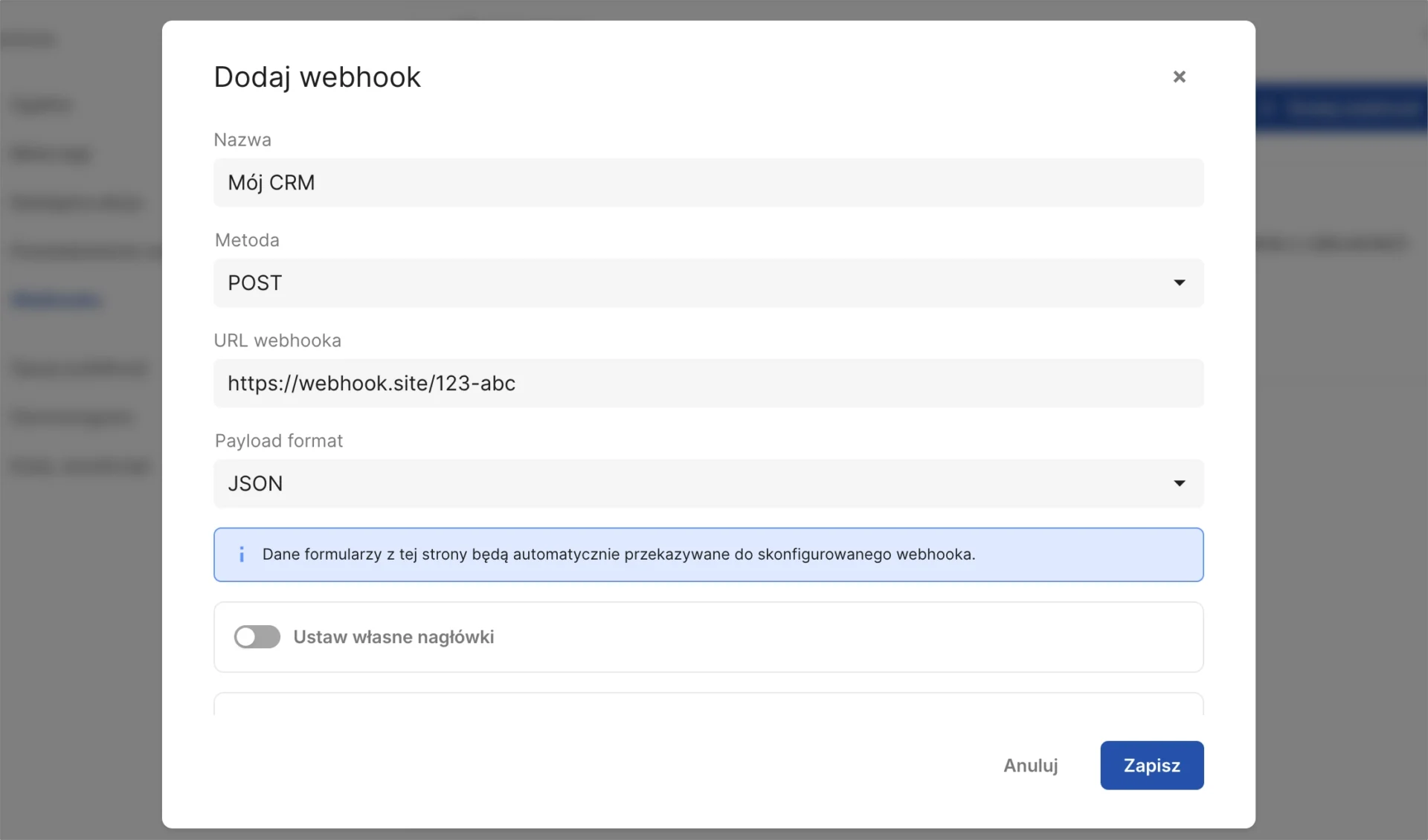 Okno Dodaj webhook z polami nazwy, metody, adresu URL webhooka, formatu payloadu i własnych nagłówków.